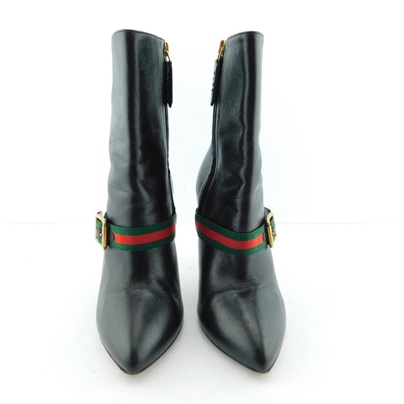 GUCCI Signature Webbed Buckle Black Leather Heeled Ankle Boots 35.5 - Picture 3 of 10
